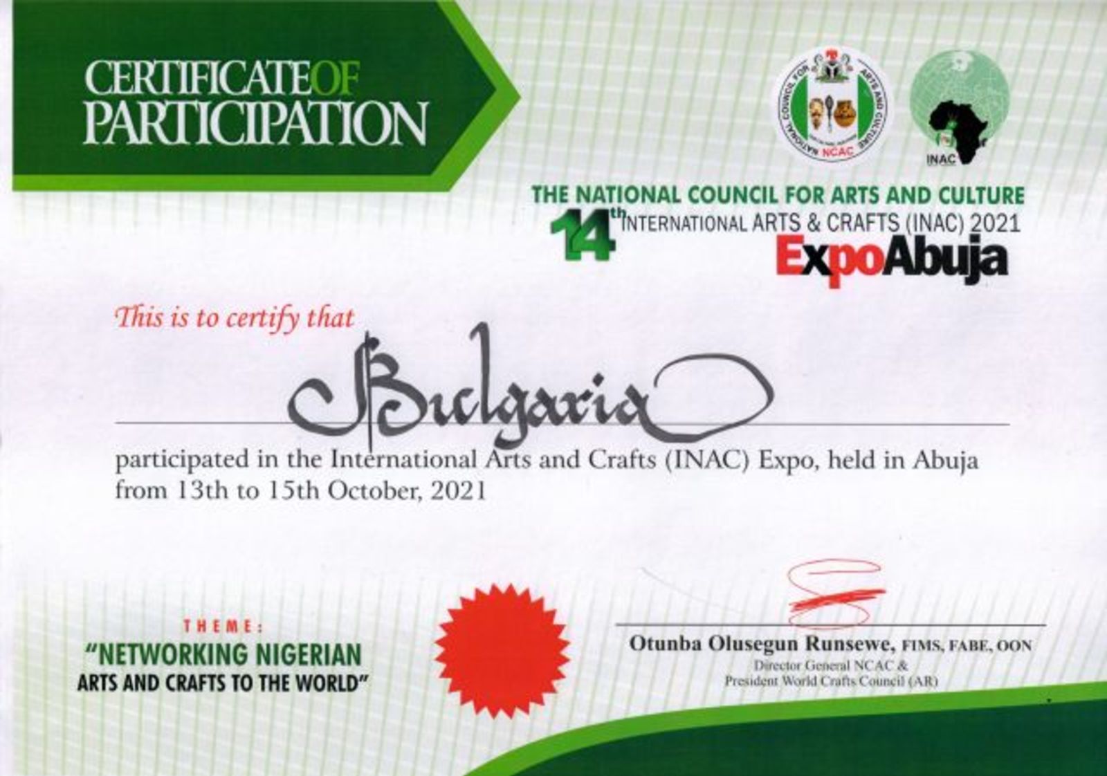 Bulgarian cultural and historical heritage presented during the XIV International Arts and Crafts Expo Abuja 2021