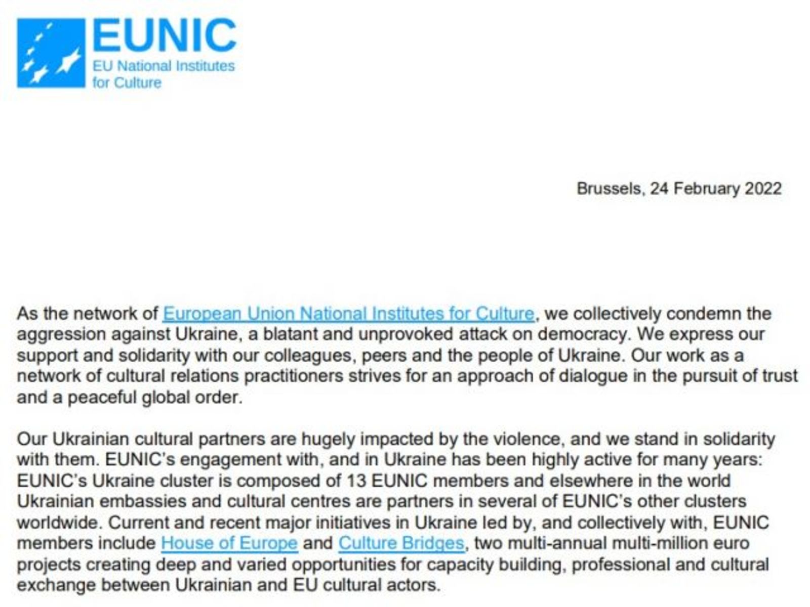 Декларация на EUNIC за събитията в Украйна